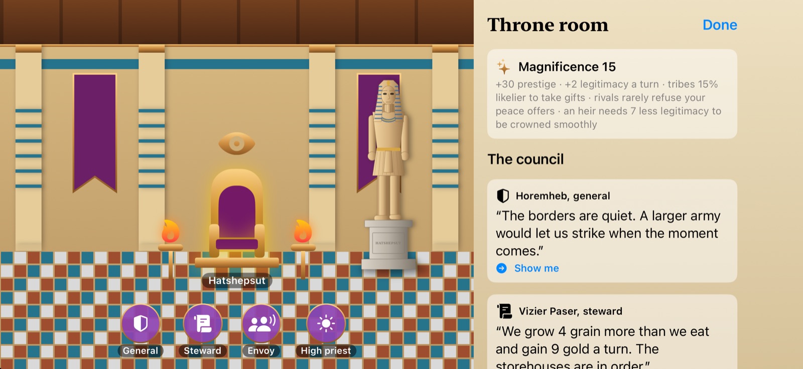 The Egyptian throne room with the royal council